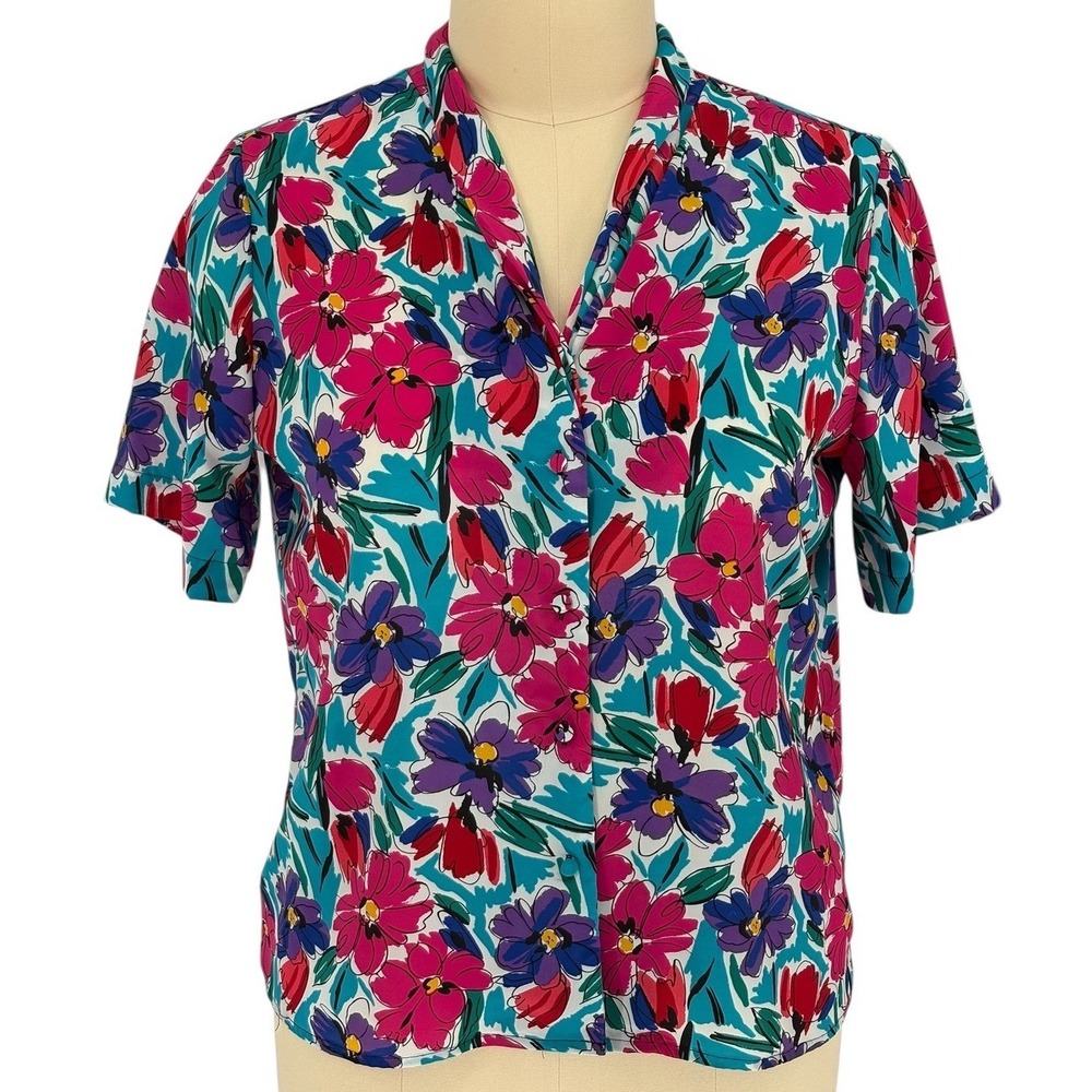 Sellecca Vintage‎ Floral Button Up Blouse Teal Pink Purple Short Sleeve Size 16